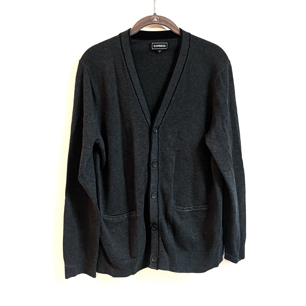 Express Men’s V Neck Cotton Cardigan Sweater Gray Black Button Down Medium
